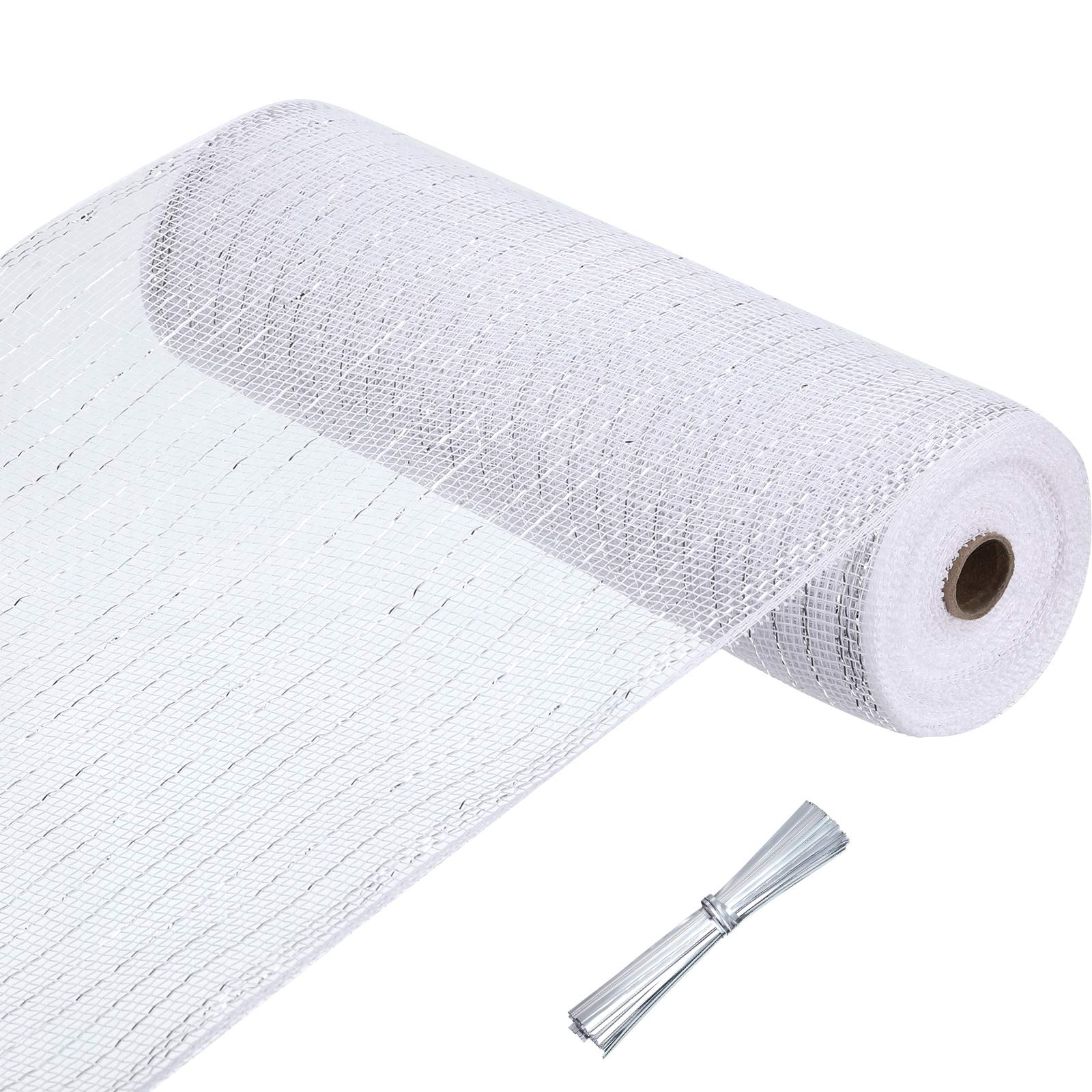 1 Christmas Roll Poly Mesh Ribbon, 10 Inch x 50 Feet, and 100 Pieces Twist Ties for Wreaths, Basket and Craft Home Decoration (White, Silver)