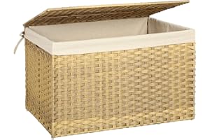 SONGMICS Storage Basket with Lid, 42.3 Gallon (160L) Storage Bin, Woven Blanket Storage Basket with Handles, Foldable, Remova
