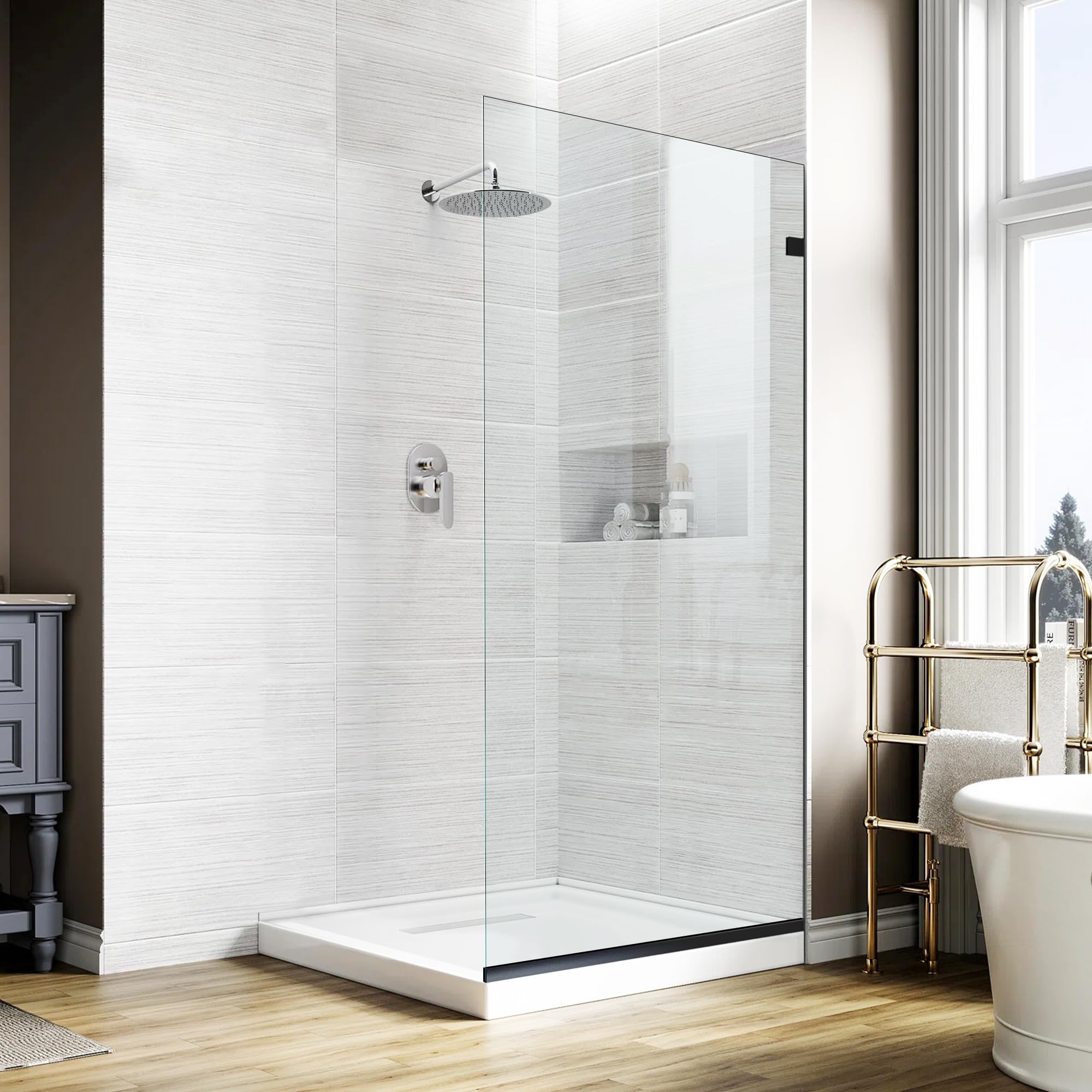 Photo 1 of Bathroom Shower Glass Door 36 * 78" - 5/16"(8mm) Thick Clear Tempered Glass Panel, Fixed Hinged Framless Shower Glass Door with Bottom Seal, Matte Black
