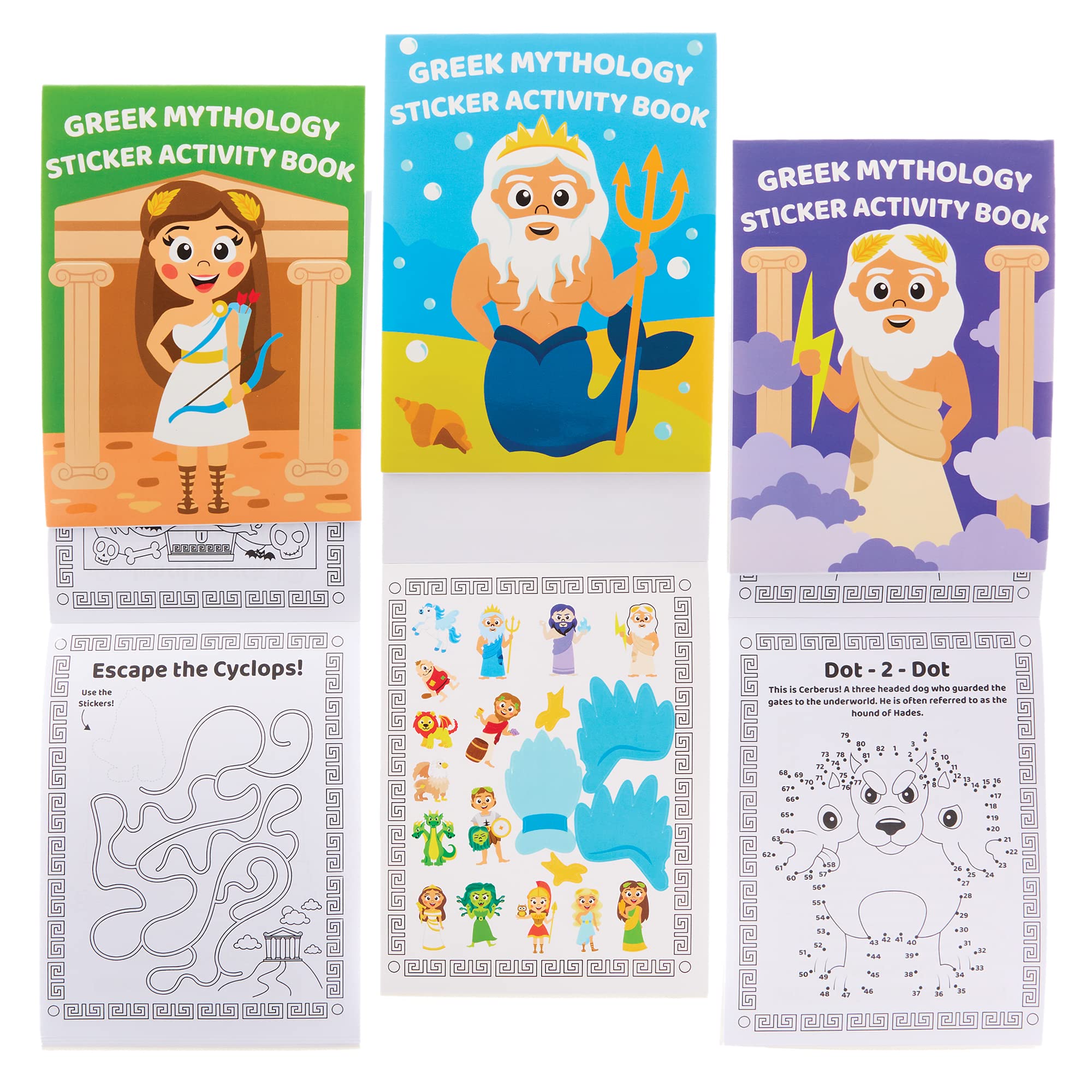 Baker Ross FX613 Greek Mythology Sticker Activity Books - Pack of 8, Sticker Book Party Bag Fillers for Kids