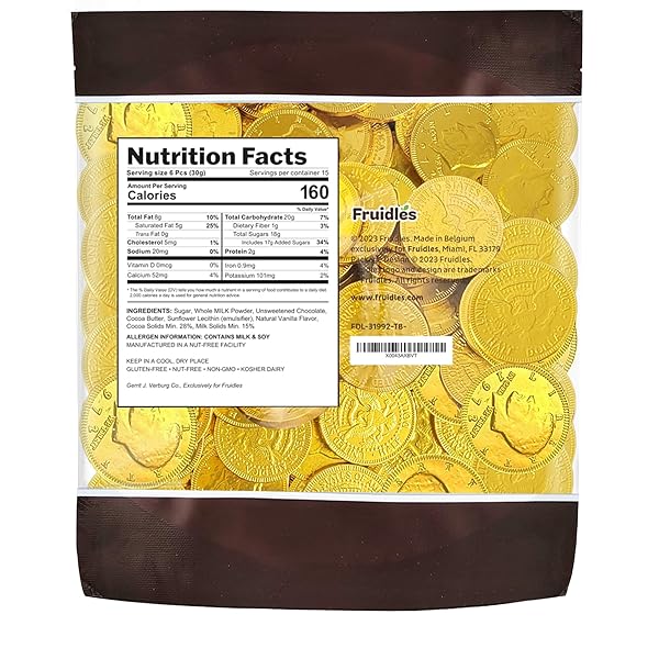 FRUIDLES GOLD HALF-DOLLAR MILK CHOCOLATE COINS GELT, MADE WITH PREMIUM BELGIAN CHOCOLATE, KOSHER CERTIFIED DAIRY (2 POUNDS)
