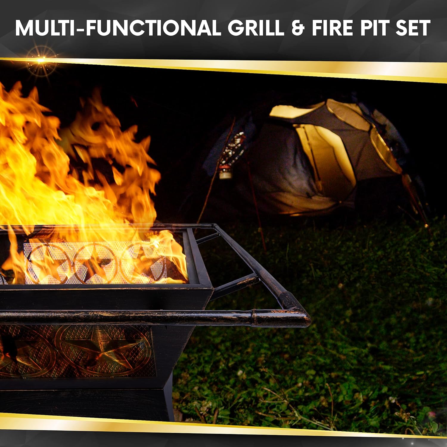 Project One Galaxy Heavy-Duty Fire Pit - 32 Inch Steel Large Square Wood Burning Patio or Backyard Firepit - Weighs 30 Pounds - Cooking Grill Grate, Spark Screen, and Fireplace Poker Included : Garden & Outdoor