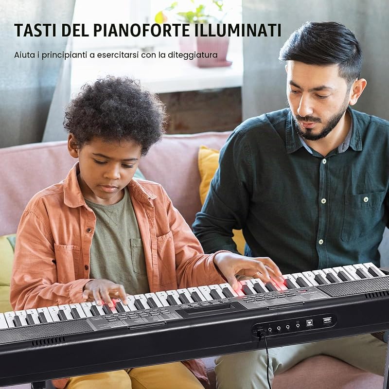 Pianoforte Digitale Tastiera, 61 Tasti, Pianoforte Elettrico Portatile, Supporto, 600 Toni, 500 Ritmi, Altoparlanti Incorporati, Pedale Sustain, Cuffie, Microfono, USB MIDI, per Principianti