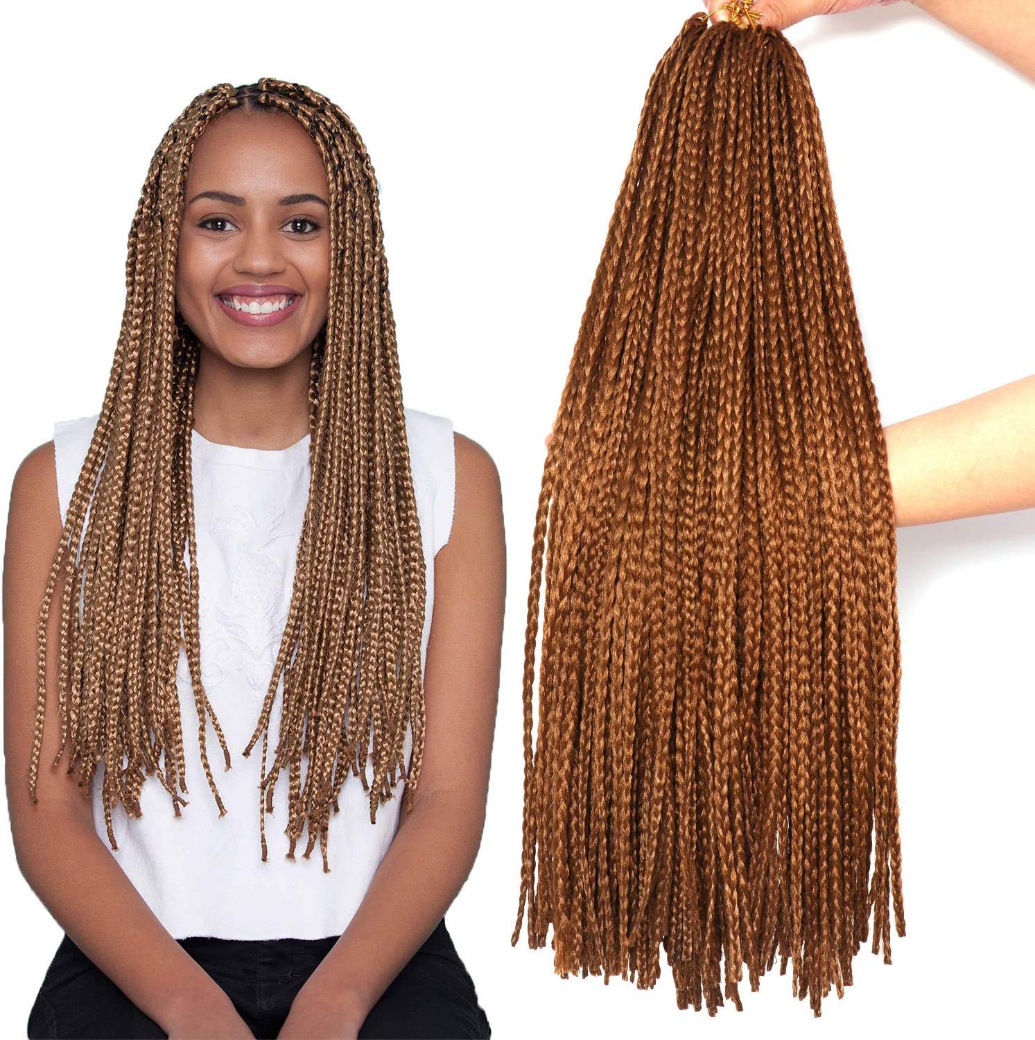 Ronsaen Box Braid Crochet Hair - 18inch 27# Pre-looped Crochet Braids, Box Braid Crochet HairSynthetic Braiding Hair Extensions(18"7P,27#)