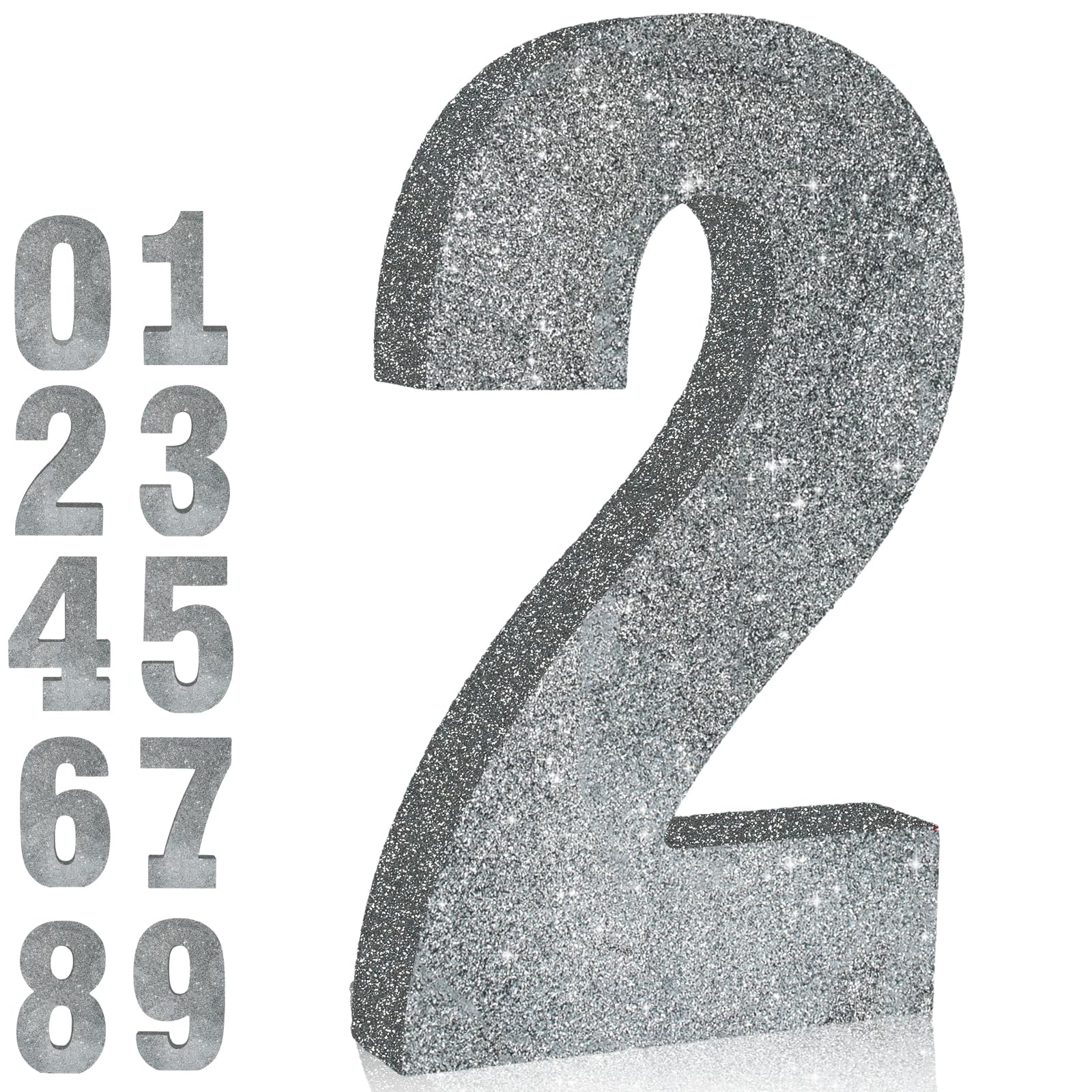 View 1 of TONIFUL 7.8 Inch Silver Glitter Number 2 Table Centerpiece 0-9 Silver Birthday Party Decorations,Digit 2 for Birthday,Chrismas,Graduation,Bridal Shower,Anniversary Party Supplies