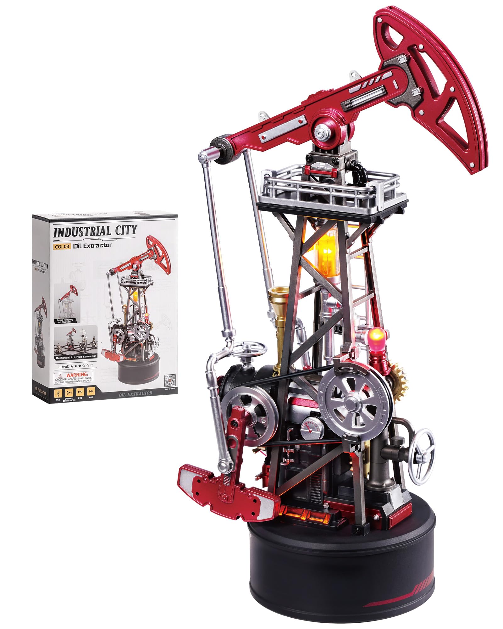 ROBOTIME 3D Puzzle Oil Pump Jack Model Kit for Adults – Mechanical DIY Building Set with Lights & Motion, PVC Engineering Model Toy Gift for Collectors & STEM Lovers, CGL03