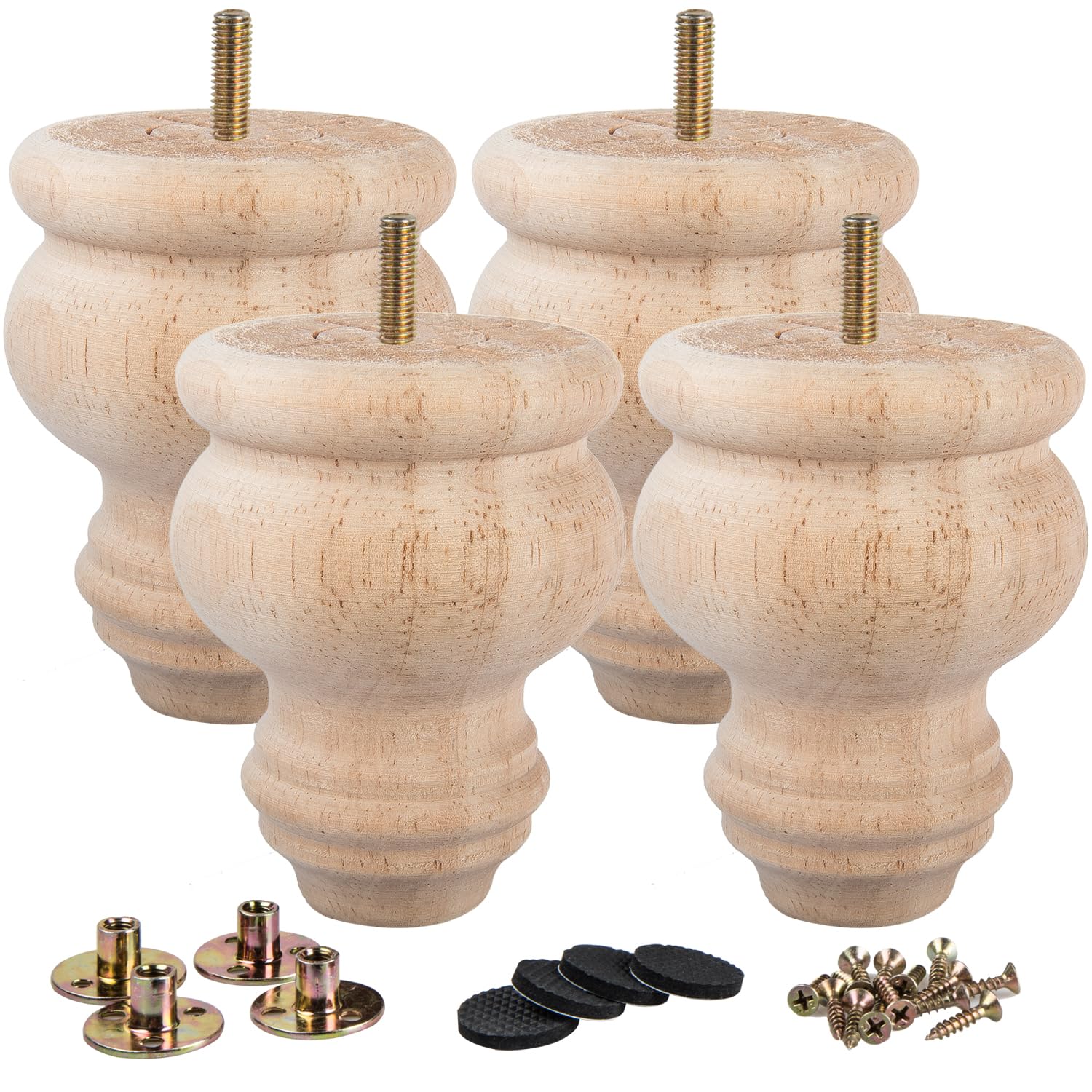 La Vane 3 Inch Unfinished Solid Wood Furniture Legs (8cm) - 4PCS Spindle Bun Feet with Pre-Drilled M8 Bolt & Mounting Plate for Sofa, Couch, Chair, Ottoman Replacement