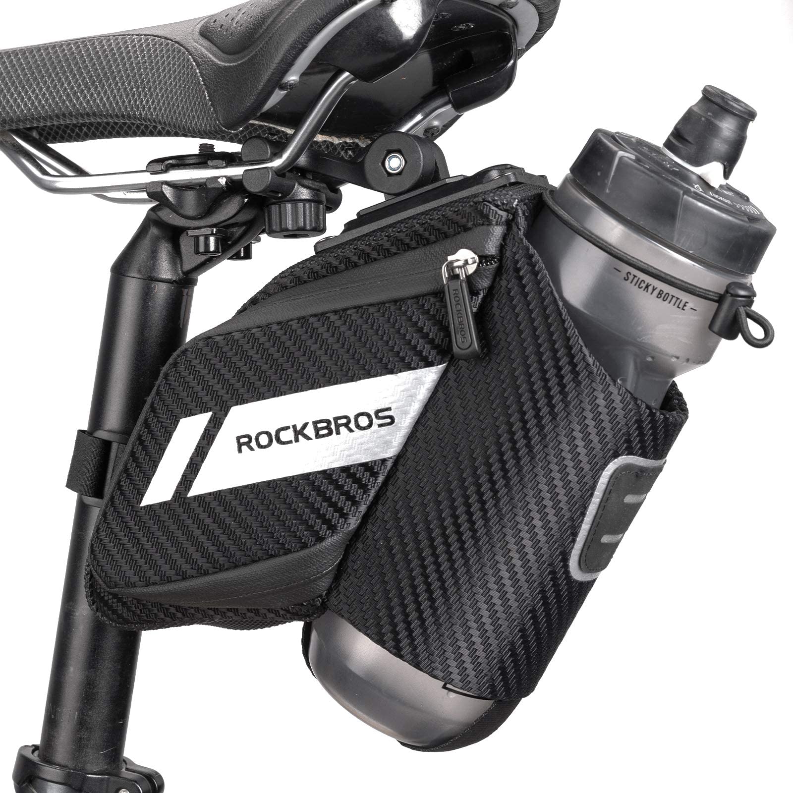 ROCKBROS Bike Saddle Bag with Water Bottle Pocket Waterproof Storage Pack Bicycle Seat Pouch Quick Release Cycling Pouch with Night Visibility MTB Road Bike Accessories