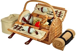 Picnic at Ascot Huntsman English-Style Willow Picnic Basket with Service for 2 and Blanket- Designed, Assembled & Quality Approved in the USA