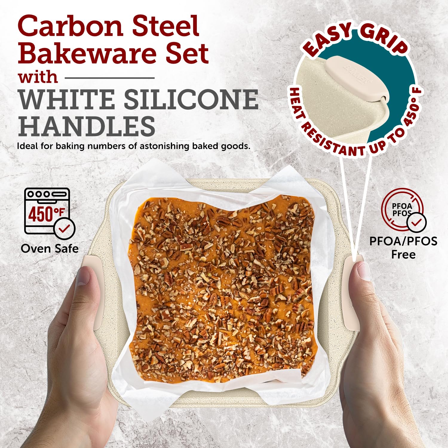 BAKKENMASTER 6-Piece Deluxe Nonstick Baking Pan Set - Professional Grade Carbon Steel Bakeware with White Marble Coating & Silicone Handles