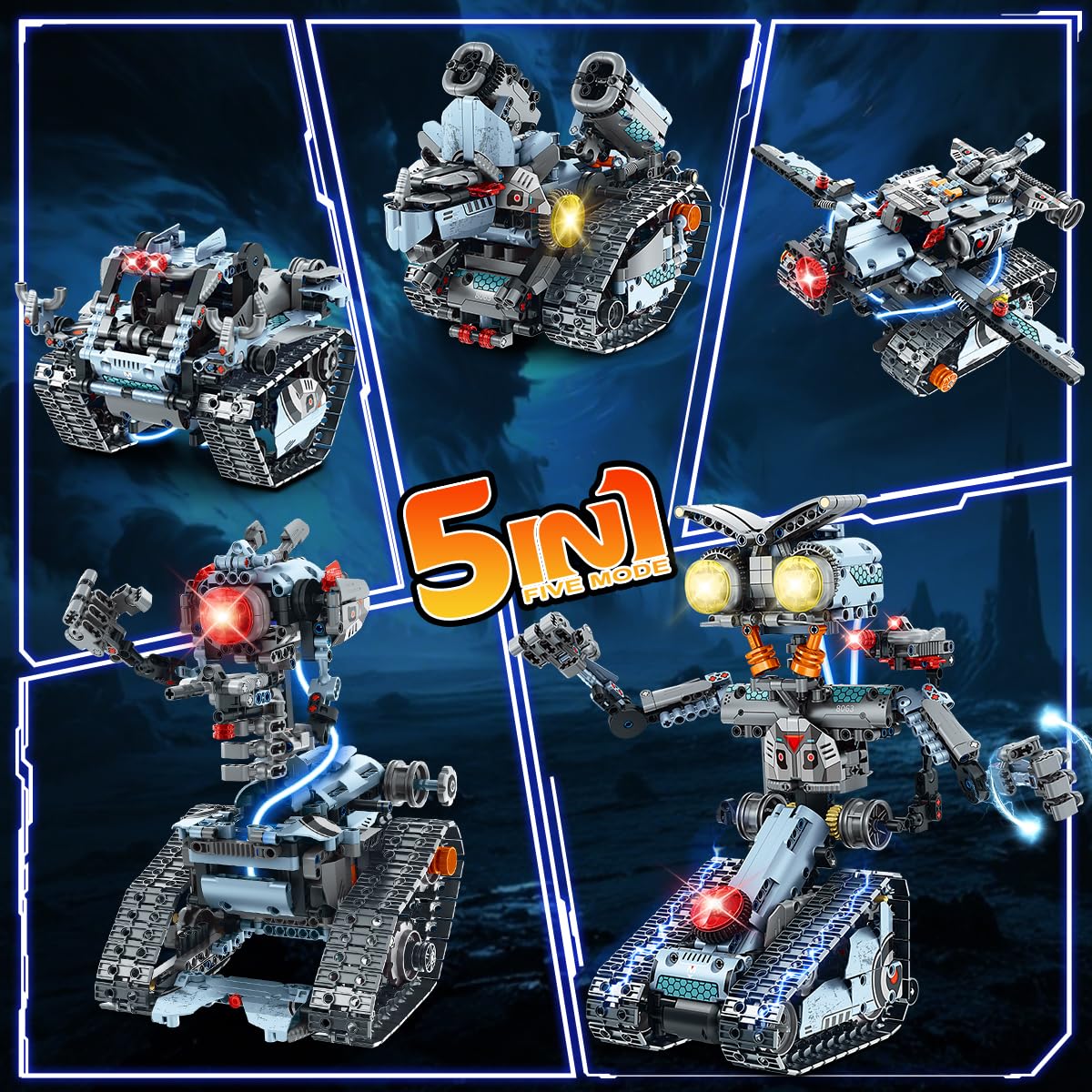 INSOON Technik Roboter Bauspielzeug mit Lichtern, 5-in-1 Roboter Klemmbausteine mit APP-& Fernbedienung, RC Panzer Bausteine 795 Stück, Lernspielzeug Geschenk für Kinder Jungen Mädchen ab 8 Jahren+ 4