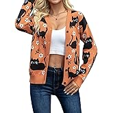 Christmas Cat Cardigan Sweaters for Women Black Cat Knit Sweater Button Down V Neck Fall Winter Open Front Outerwear