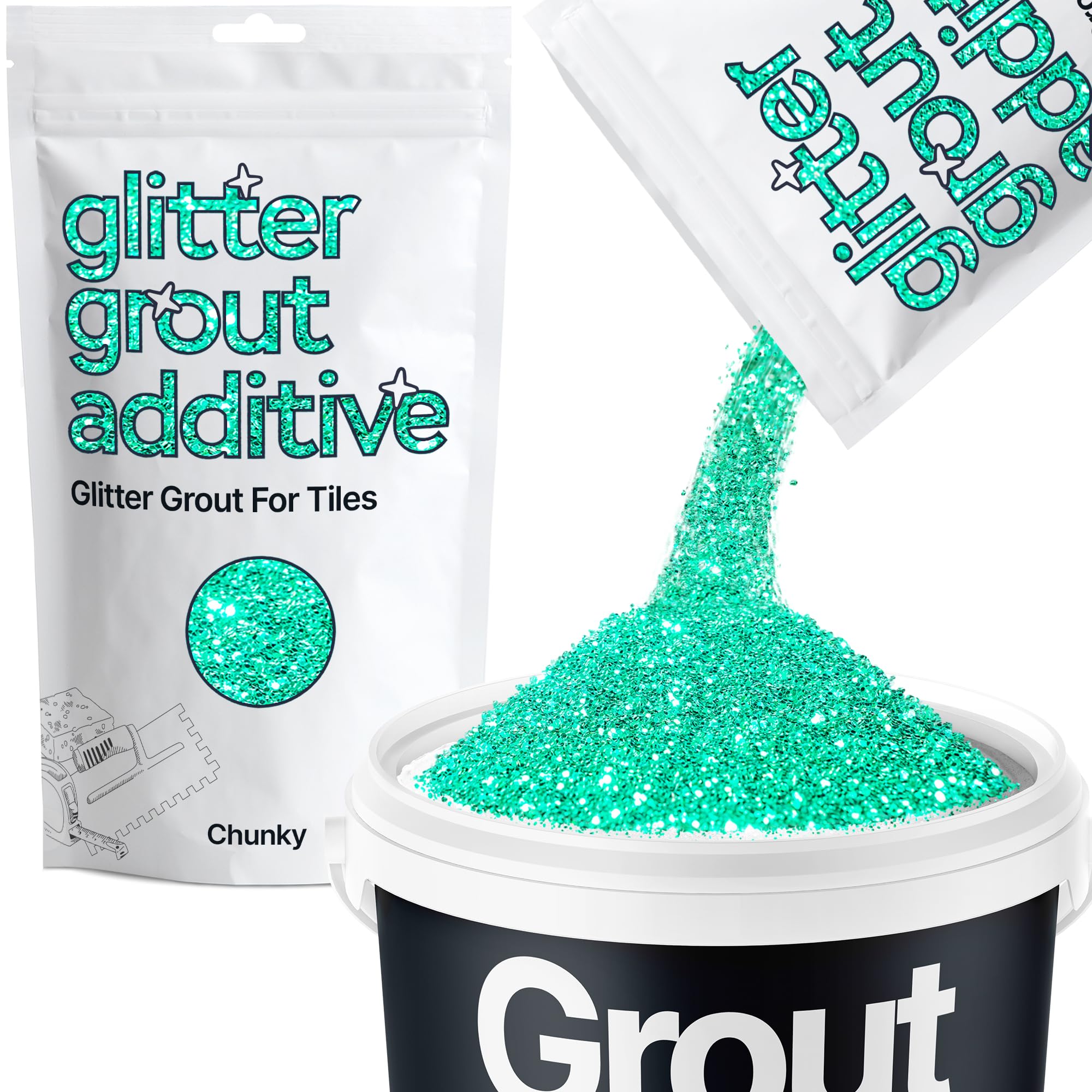 Hemway Turquoise Blue Glitter Grout Additive Chunky 100g Metallic Flakes for Adding Sparkle to Kitchen & Bathroom Tiles | Enhance Your Indoor Grouting Projects with a Durable Sparkly Effect