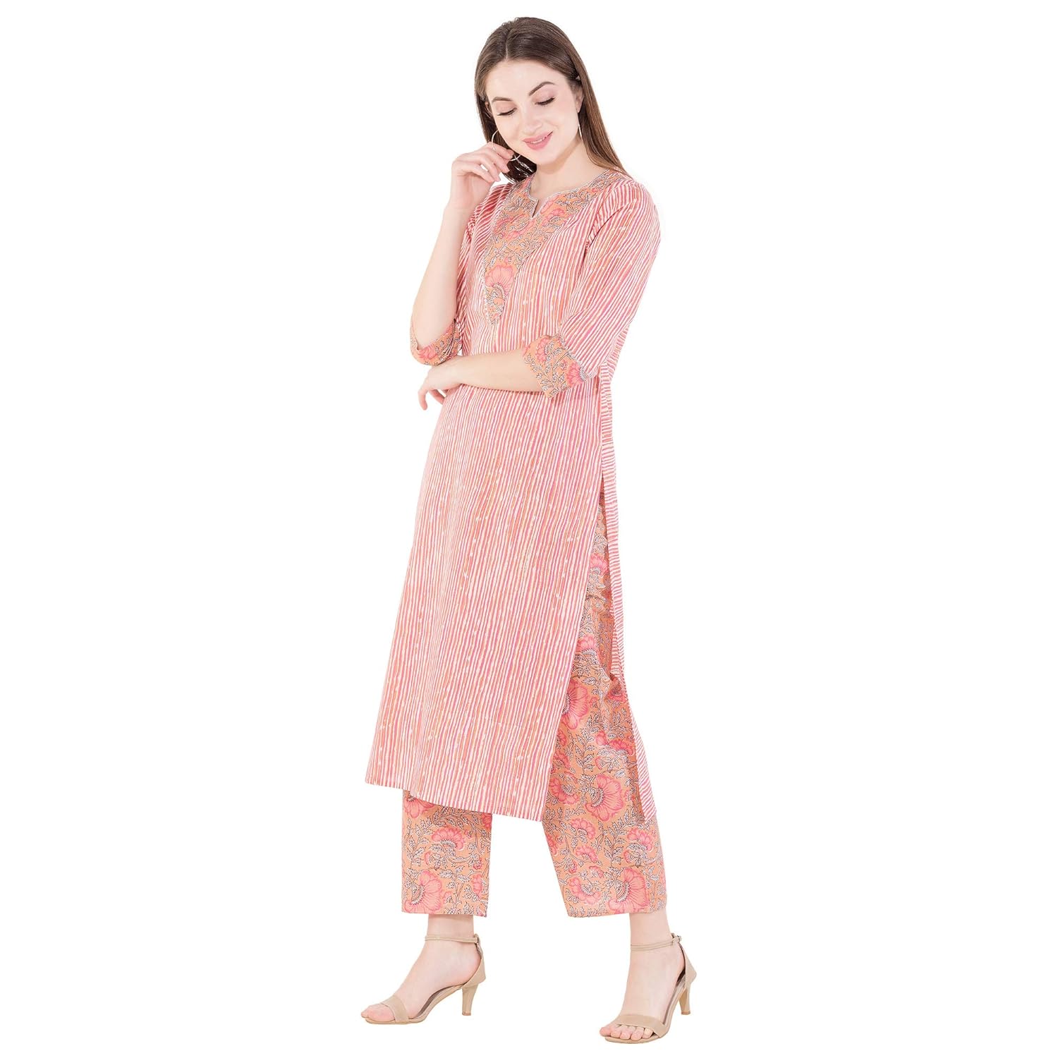 harshana women's printed kurta with palazzo set (pink)