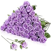 Hoemwarm 36 Pcs Silk Purple Rose Bouquet Bridal Artificial Flowers,Fake Rose Long Stem Realistic Artificial Flowers Bulk for Wedding Bouquet Ball Arrangement Centerpiece Party Decor