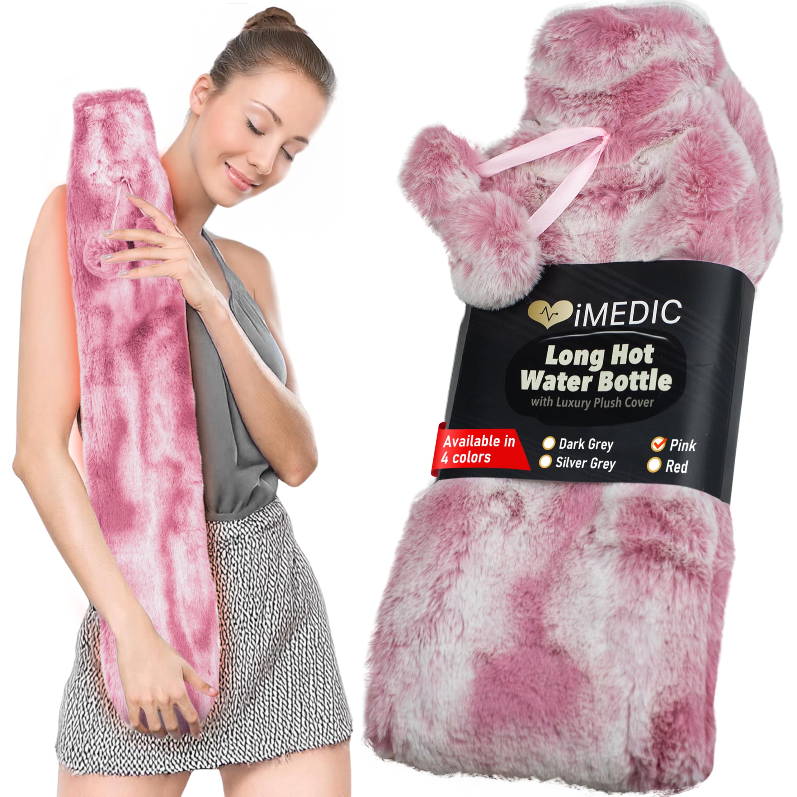 iMedic Hot Water Bottle with Luxury Fleece or Knit Cover - Large Hot Water Bottle - Faux Fur Pink UK