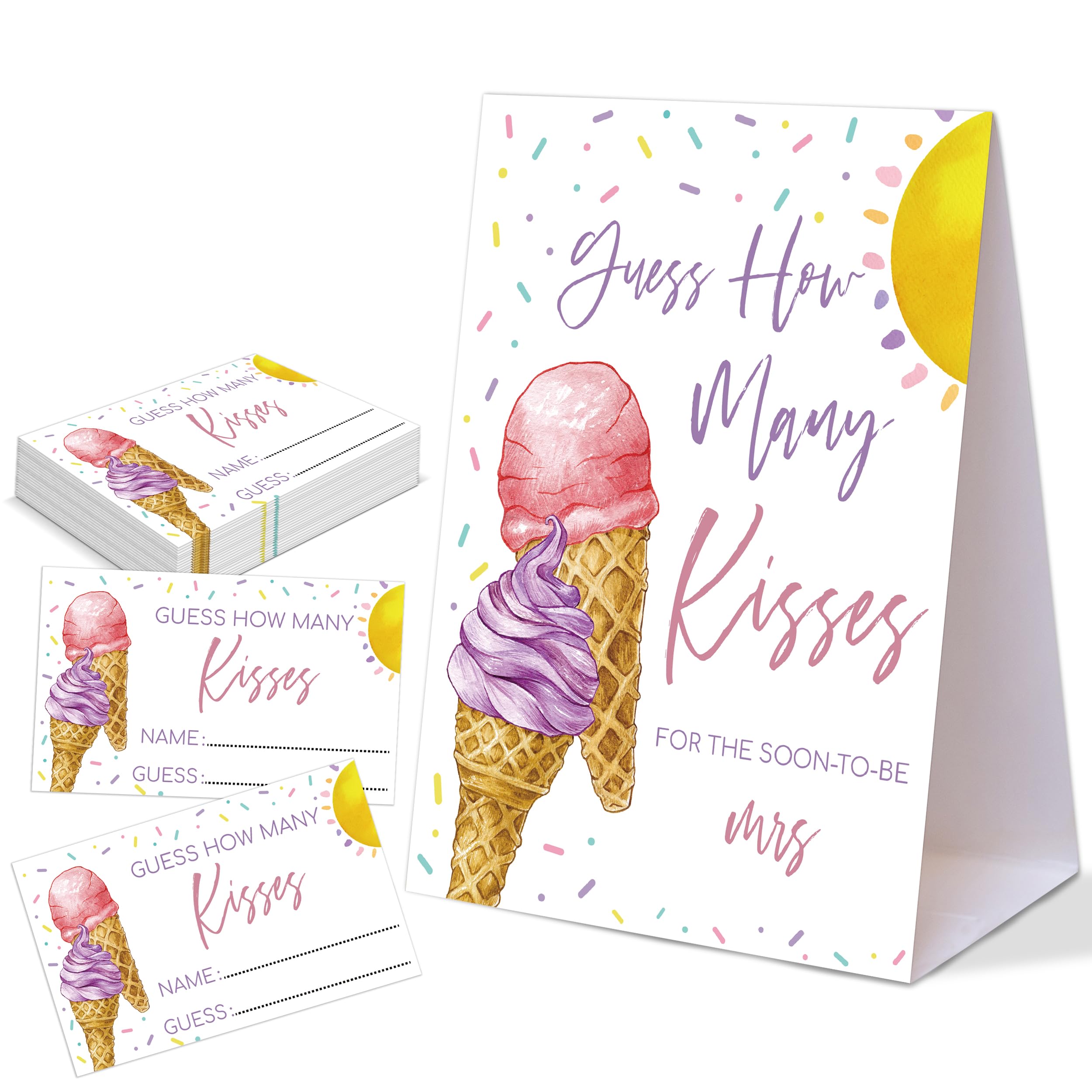 Photo 1 of Woukaup Pink & Purple Ice Cream Themed How Many Kisses for The Soon to Be Mrs, 1 Tabletop Sign and 50 Cards, How Many Kisses Bridal Shower Game for Bachelorette Night Wedding Event & Party Supplies