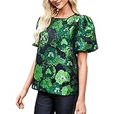 Kedera Women's Floral Jacquard Shirt Crewneck Puff Sleeve Blouse Elegant Work Shift Tops