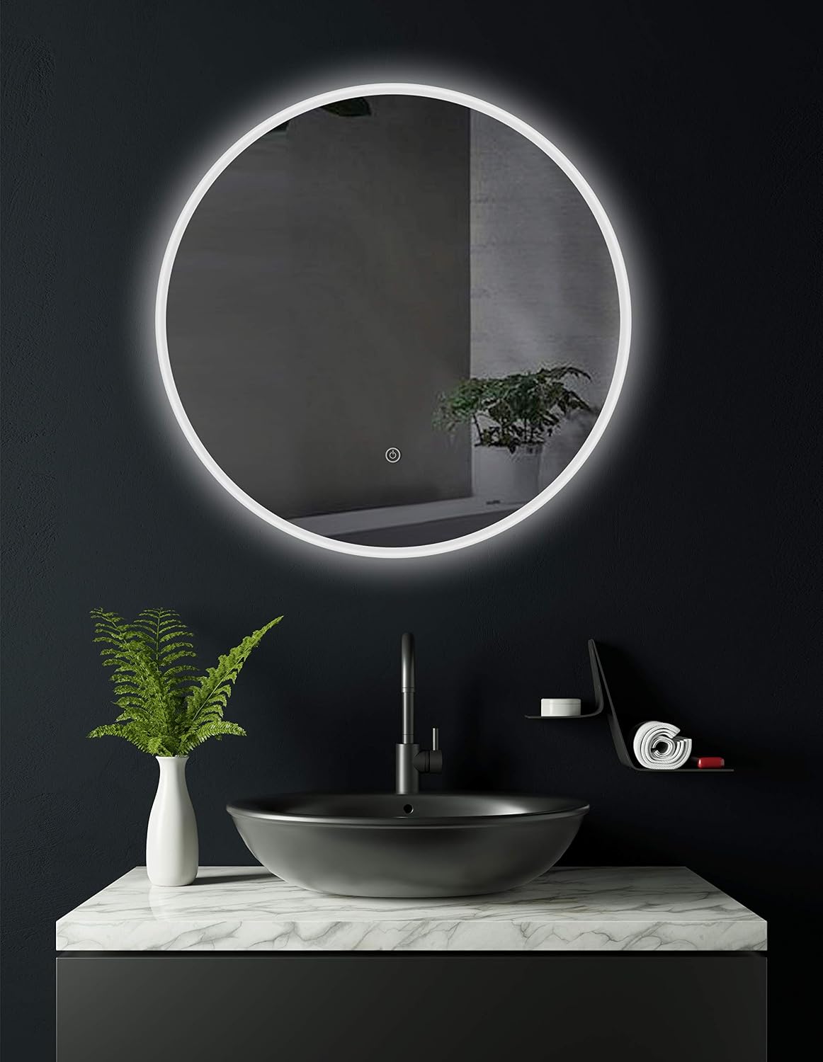 Cottbus LED Illuminated Round Bathroom Mirror, 60 cm, Bathroom Mirror with Light, Energy Class A+, Milchglas, 60L x 60W cm