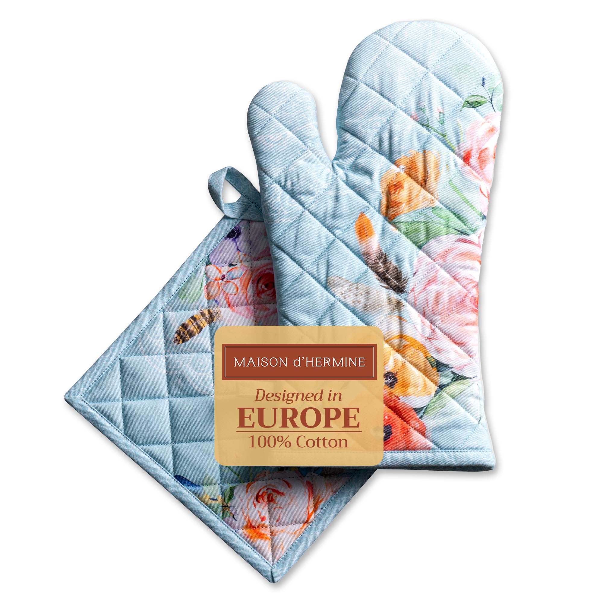 Maison d' Hermine Ibiza – Blue Set of 100% Cotton Kitchen Gloves (19 cm x 33 cm) and Pot Holder (20 cm x 20 cm) for Barbecue, Baking, Grilling, Microwave, Spring/Summer, Mother's Day