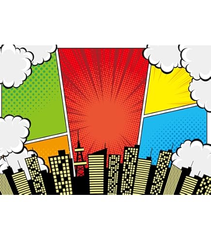 BELECO 2.7 X 1.8 M Fabric Superhero Super City Background For Photography, Comic Cartoon Skyline, Building, Skyscraper, Cityscape, Background, Superhero Birthday Party Decoration, Banner