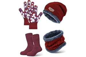 Jamntower 4 Pcs Kids Toddlers Winter Knit Beanie Hat Scarf Gloves Socks Warm Set Anti Skid for Boys Girls 3-6 Years