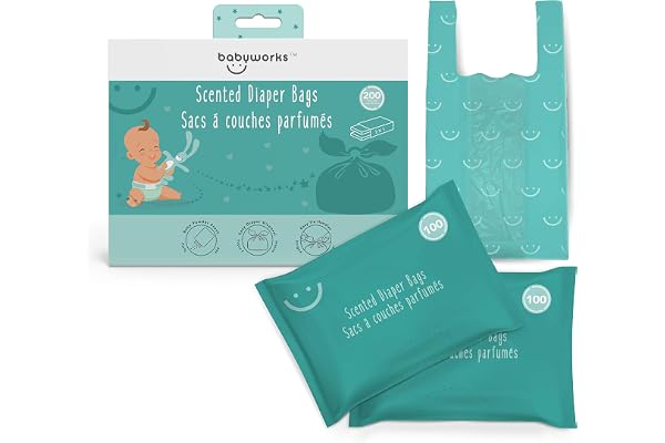 Baby Works - Disposable Diaper Bags with Baby Powder Scent, Odor Neutralizing, Easy Tie Handles, for Diaper Disposal, Pet Was