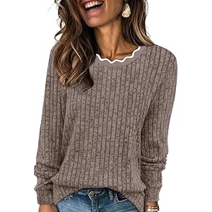 WIHOLL Womens Long Sleeve Shirts Lightweight Tunic Fall Top Sweaters 2026 | Cute Scallop Neck Sweater Dressy Casual Soft