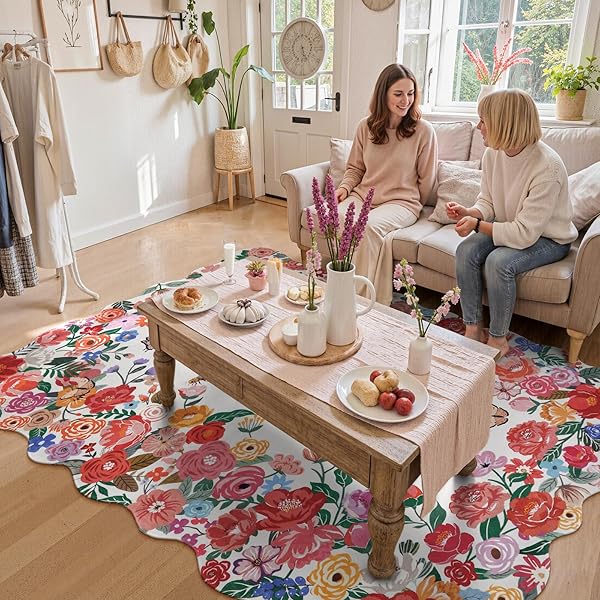 WONNITAR WASHABLE RED CAMELLIA FLORAL AREA RUGS 5X7, NON-SLIP BOHO RUGS FOR LIVING ROOM, SOFT SCALLOPED FLOWER FLOOR CARPET RUGS FOR BEDROOM KIDS NURSERY DORM DECOR (RED,5’X7′)