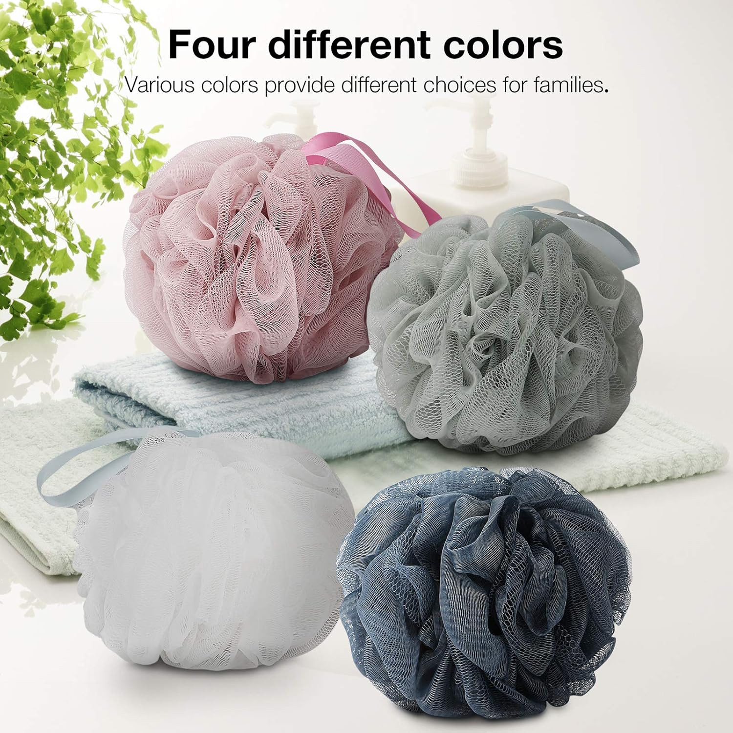 DadyMart Bath Shower Loofah Sponge 60g Bath Mesh Pouf Shower Ball Body Scrubber Exfoliating Bath Sponge for Women and Men, Set of 4, Drak Grey-Pink-Grey-White: Beauty