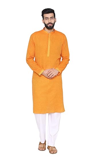 Men's Orange Full Sleeve Regular Fit Self-Designed Kurta & Churidar Set