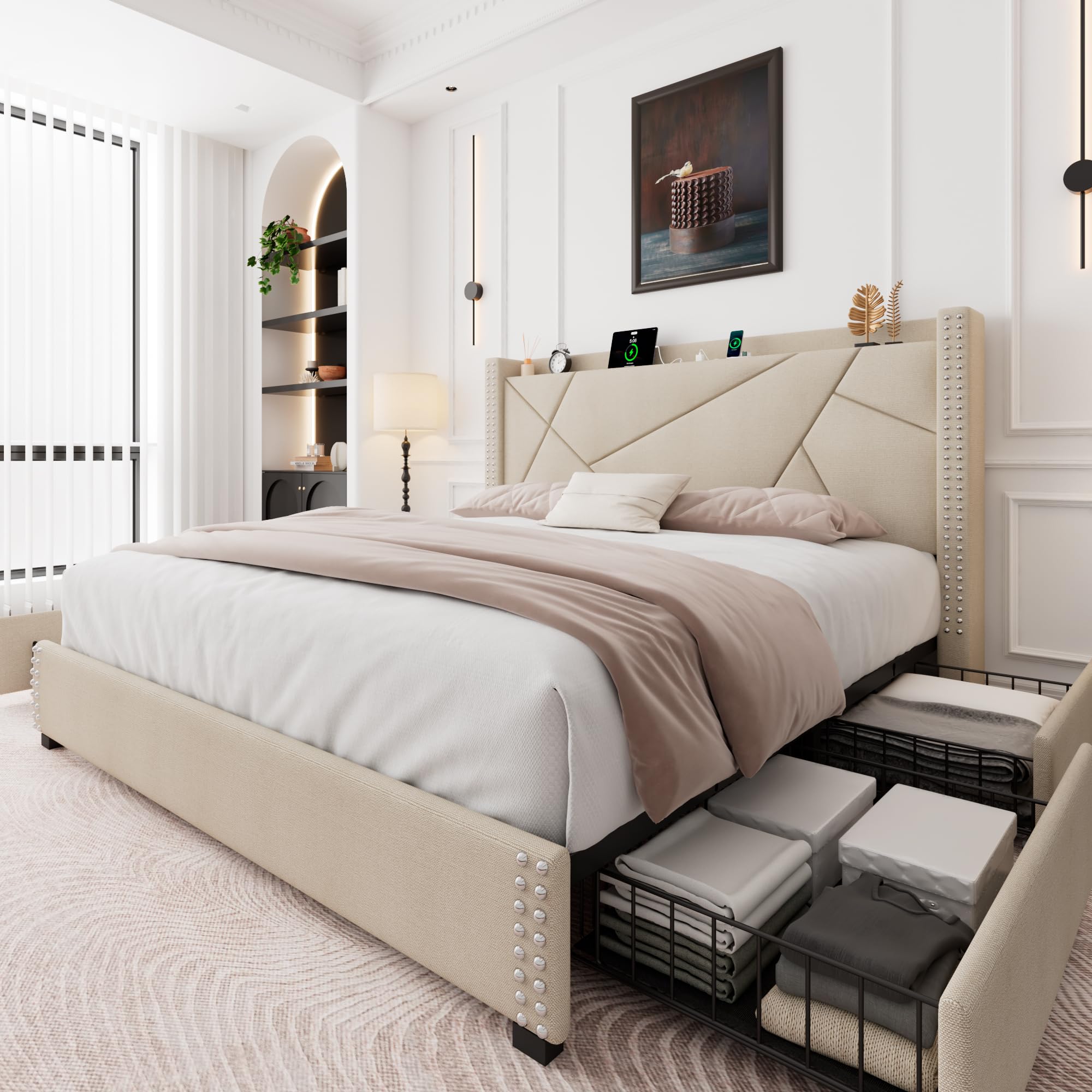 Feonase King Size Platform Bed Frame with 4 Storage Drawers ...