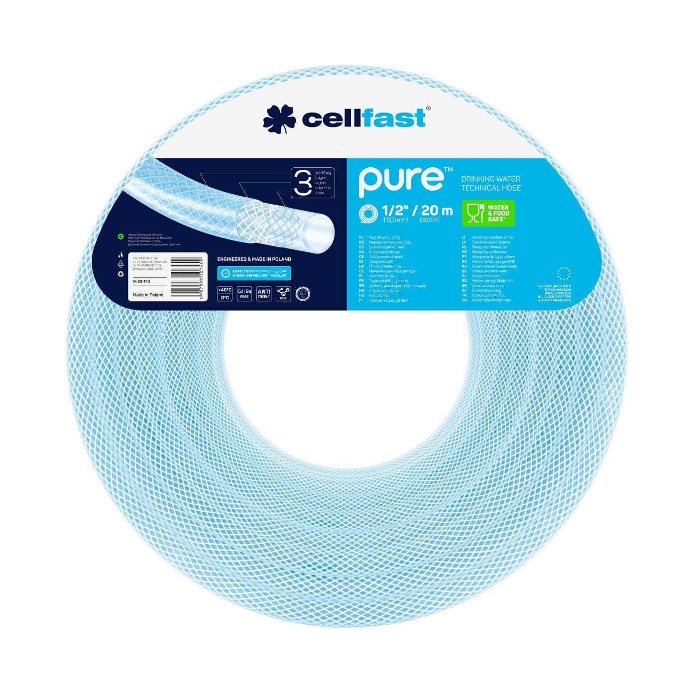 Cellfast Pure™ Drinking Water Hose, 12mm x 2.7mm, 20m, Textile Reinforced, Food Quality Certified, 20-140