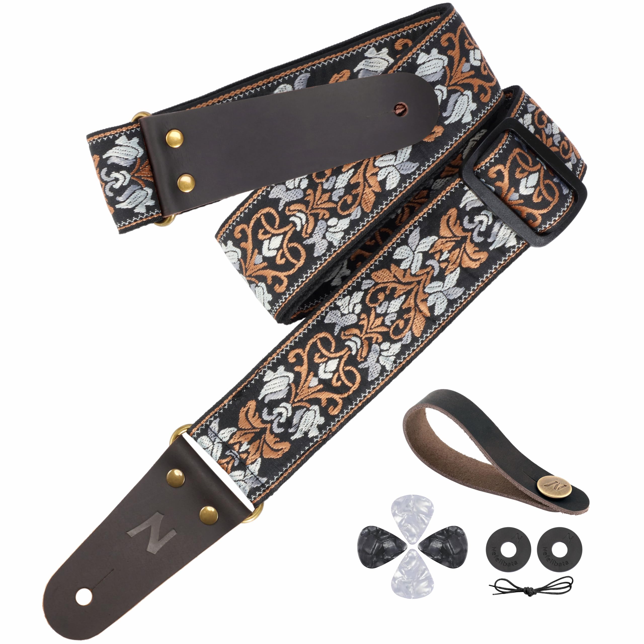 Nefelibata Guitar Strap, 2" Jacquard Embroidery Guitar Straps, Full Grain Leather Ends with Invisible Pocket, for Bass, Electric and Acoustic Guitars, Free Buckle, Strap Lock and Guitar Picks