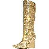 NEWBELLA Women's Glitter Knee High Boots-Sparkly Sequined Wedge Heel Boots with Pointed Toe for Party & Evening