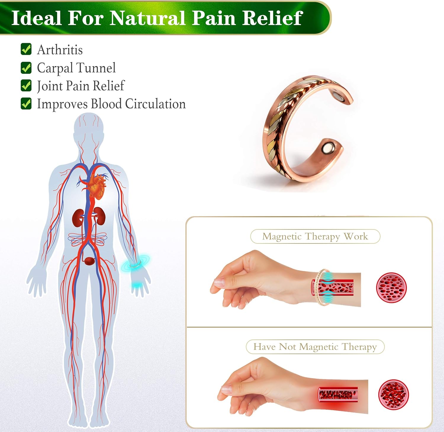 Therapy Magnetic Elegant Pure Copper Ring Original Healing Pain Relief for Arthritis, Carpal Tunnel, Joint Pain Relief Pure Copper Ring with Adjustable Size: Health & Personal Care