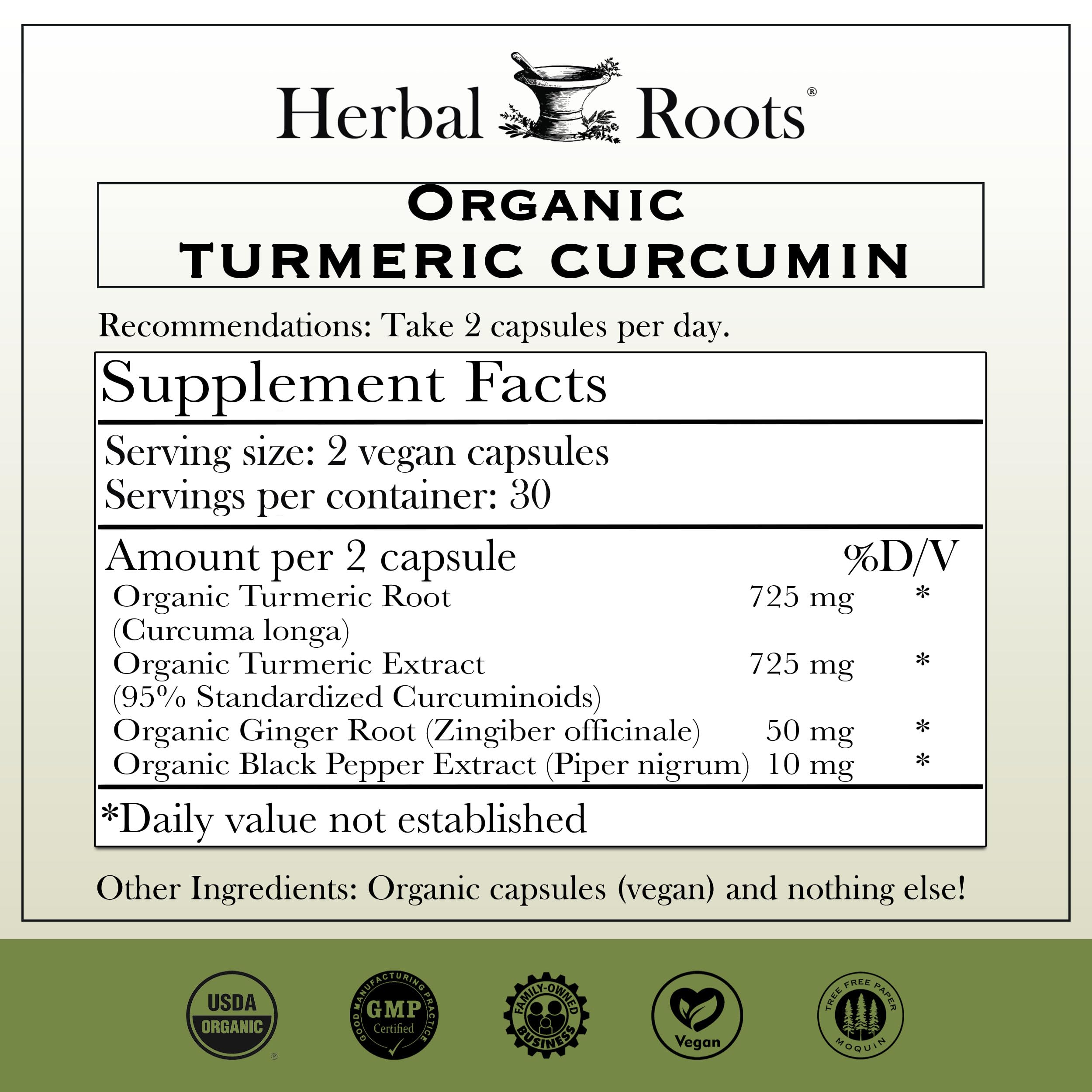 Herbal Roots - Turmeric Curcumin Capsules - Extra Strength - 1000mg Pure Organic Turmeric Supplement, 95% Standardized Curcumin Extract with BioPerine Pepper and Ginger