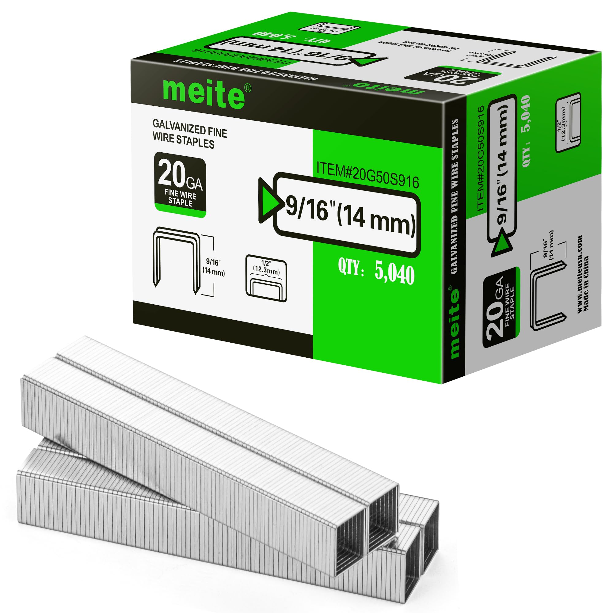 Meite 20 Gauge 1/2-Inch (12.3mm) Crown 9/16-Inch Length Silver Galvanized Upholstery Staples for Staple Gun, Carpet, Work Box, Cable, Shed (5,000 Pieces)