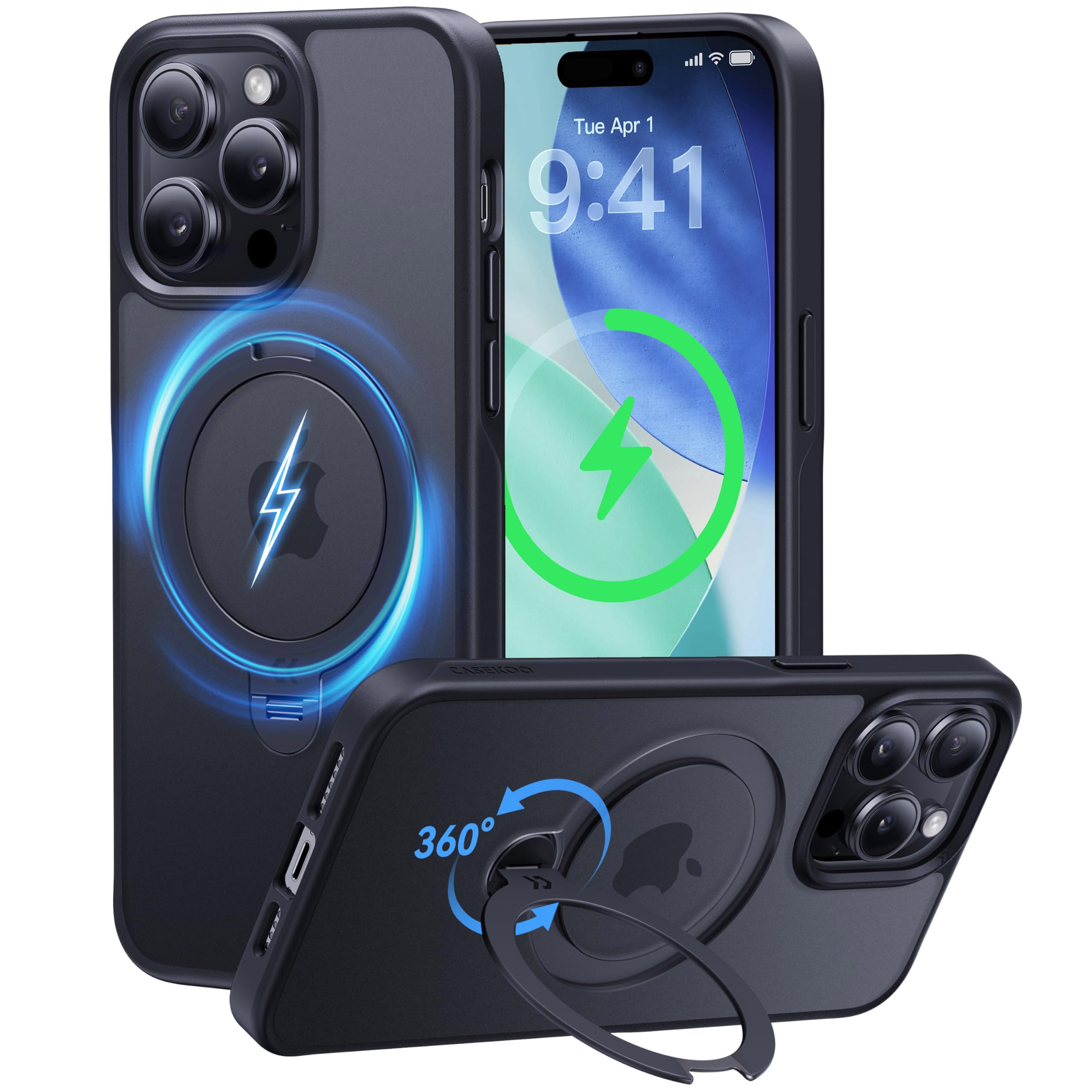 Photo 1 of CASEKOO Patented 360 Spin Magnetic Stand for iPhone 14 Pro Max Case [Military Drop Protection] [Non-Slip Edge] [Compatible with MagSafe] Matte Shockproof Slim for 14 ProMax Case 6.7'', Black
