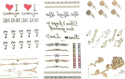 Amazon Com Metallic Temporary Fake Tattoos Love Roses Pack Long Lasting Premium 7 Sheets Beautiful Gold Silver Shimmer Intricate Designs For Hand Wrist Neck Ankle Arm Women Teens Girls Flower Heart
