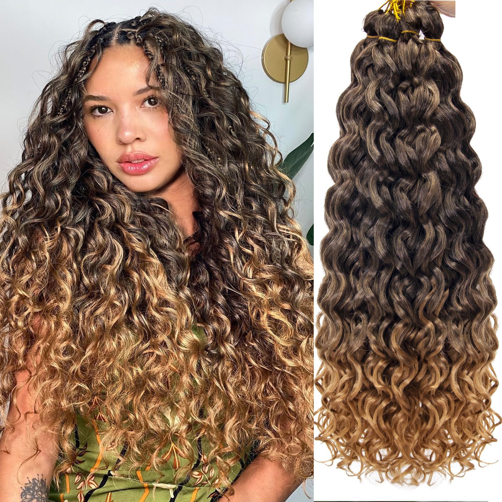 Photo 1 of Ocean Wave Crochet Hair 24inch Deep Wave Curly Crochet Hair For Women Hawaii Curly Braiding Hair Synthetic Bohemian Crochet Braid Water Wave Crochet hair Extension (6Packs, T1B/27)
