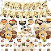 Ramen Party Decorations Japanese Noodles Birthday Decorations Includes Happy Birthday Banner Cupcake Toppers Cake Topper Spirals Balloons for Ramen Noodles Party Supplies