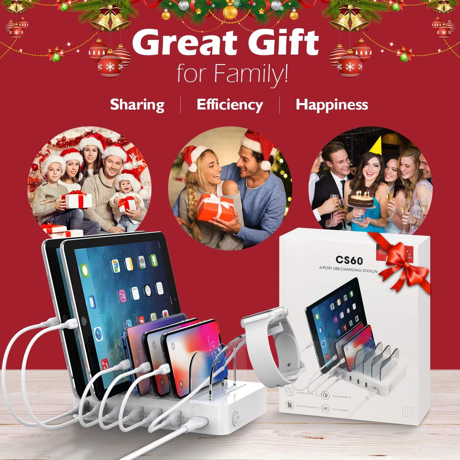 Soopii Quick Charge 3.0 60W/12A 6-Port USB Charging Station for Multiple Devices, 8 Short Charging Cables Included, I Watch Charger Holder,for Phones, Tablets, and Other Electronics,White