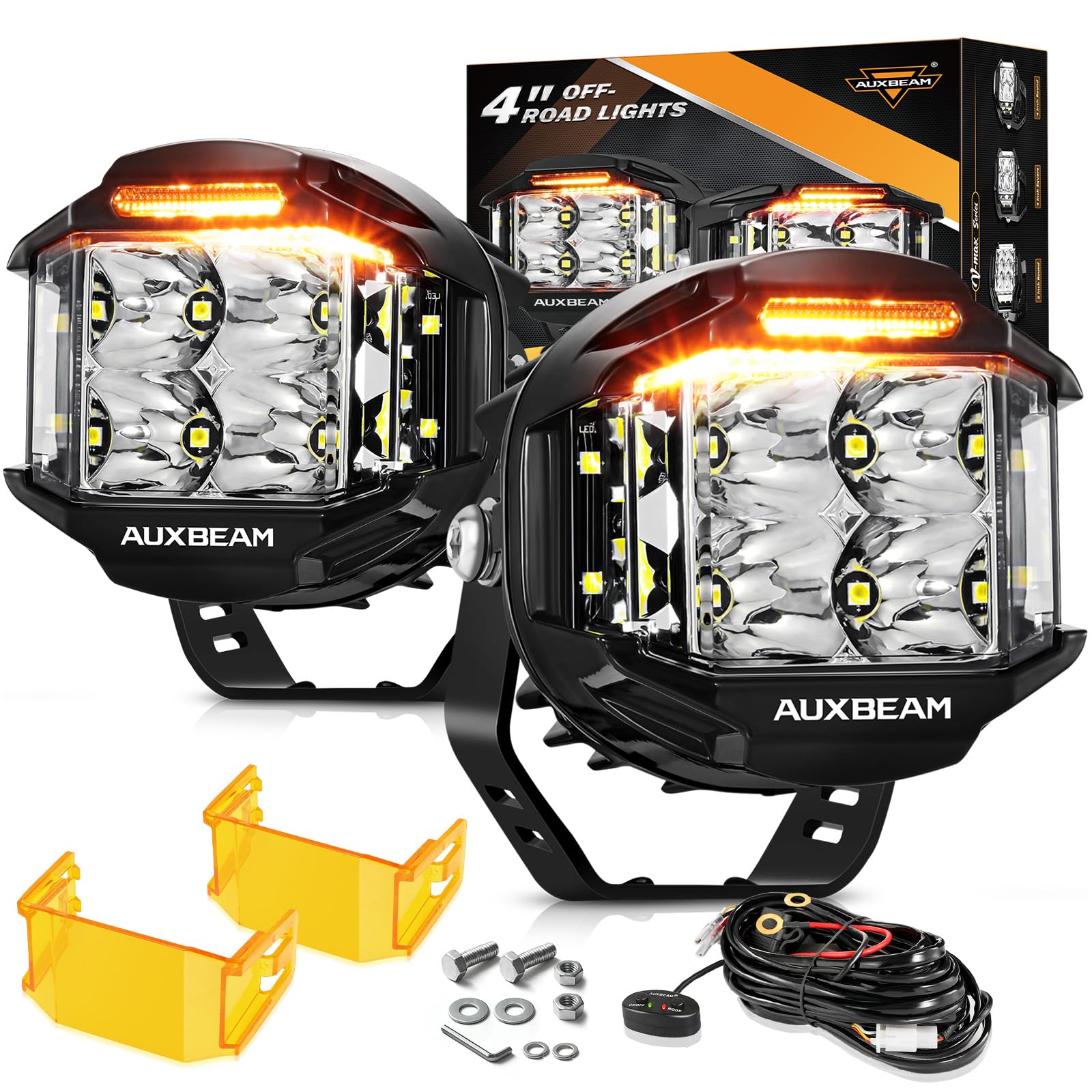 Photo 1 of Auxbeam V-MAX Series 4in 92W Round LED Pods with Amber Covers, Side Shooter LED Offroad Driving Light with DRL, 270° Combo Beam Pattern Universal Auxiliary Light for Truck ATV Wrangler Ford Pickup