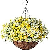 INXUGAO Artificial Silk Flowers Hanging Baskets Outdoors,Chrysanthemum with Eucalyptus Leaves Arrangement for Garden Yard Decor,Faux Plant in Metal Coconut Lining Flowerpot(Yellow)