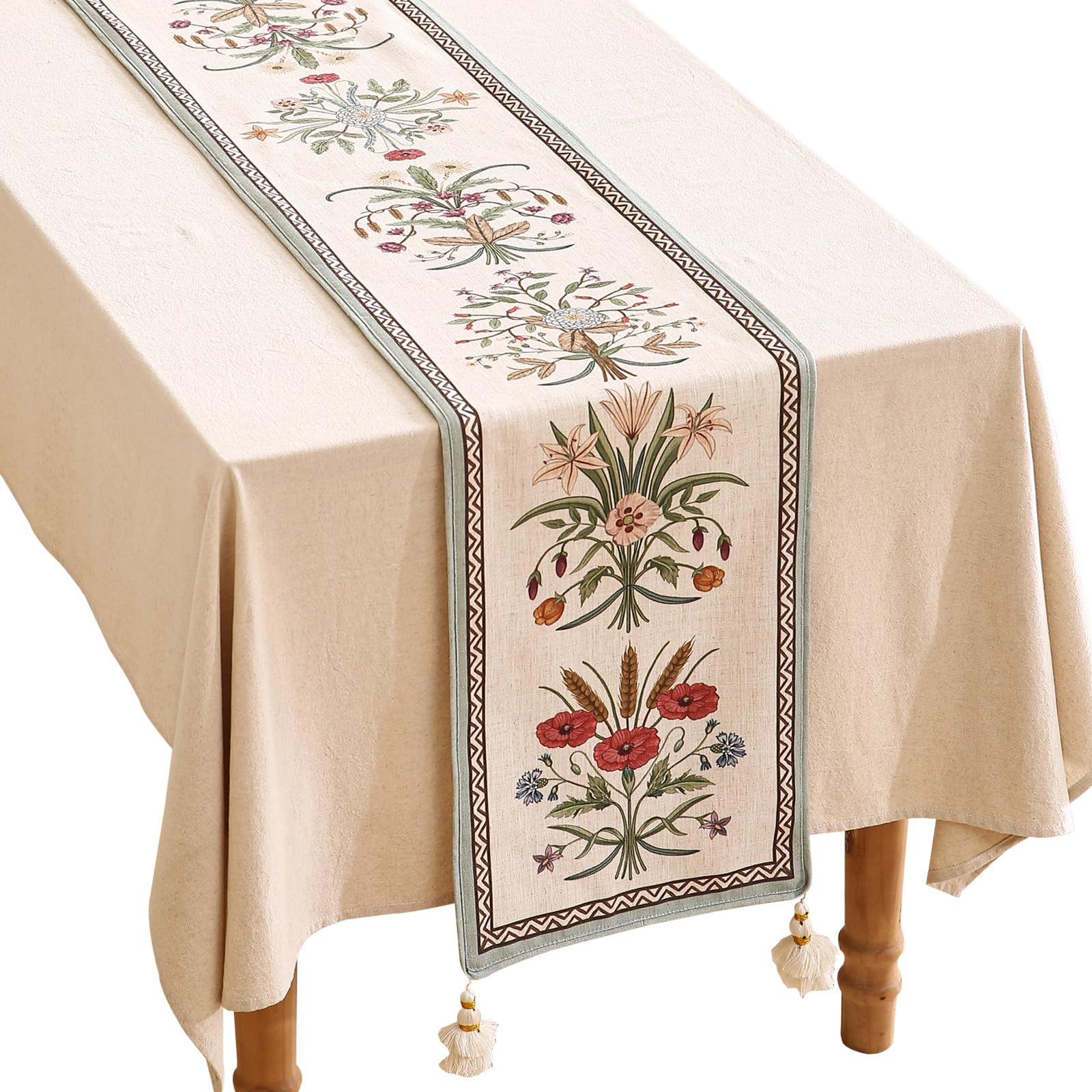 Photo 1 of ISAENNE Designer Elegant Linen Table Runner 118 Inches, Farmhouse Colorful Wildflower Pattern Table Runners for Dining Tables,Decoration for Thanksgiving,Parties,Christmas,New Year,16"x118"