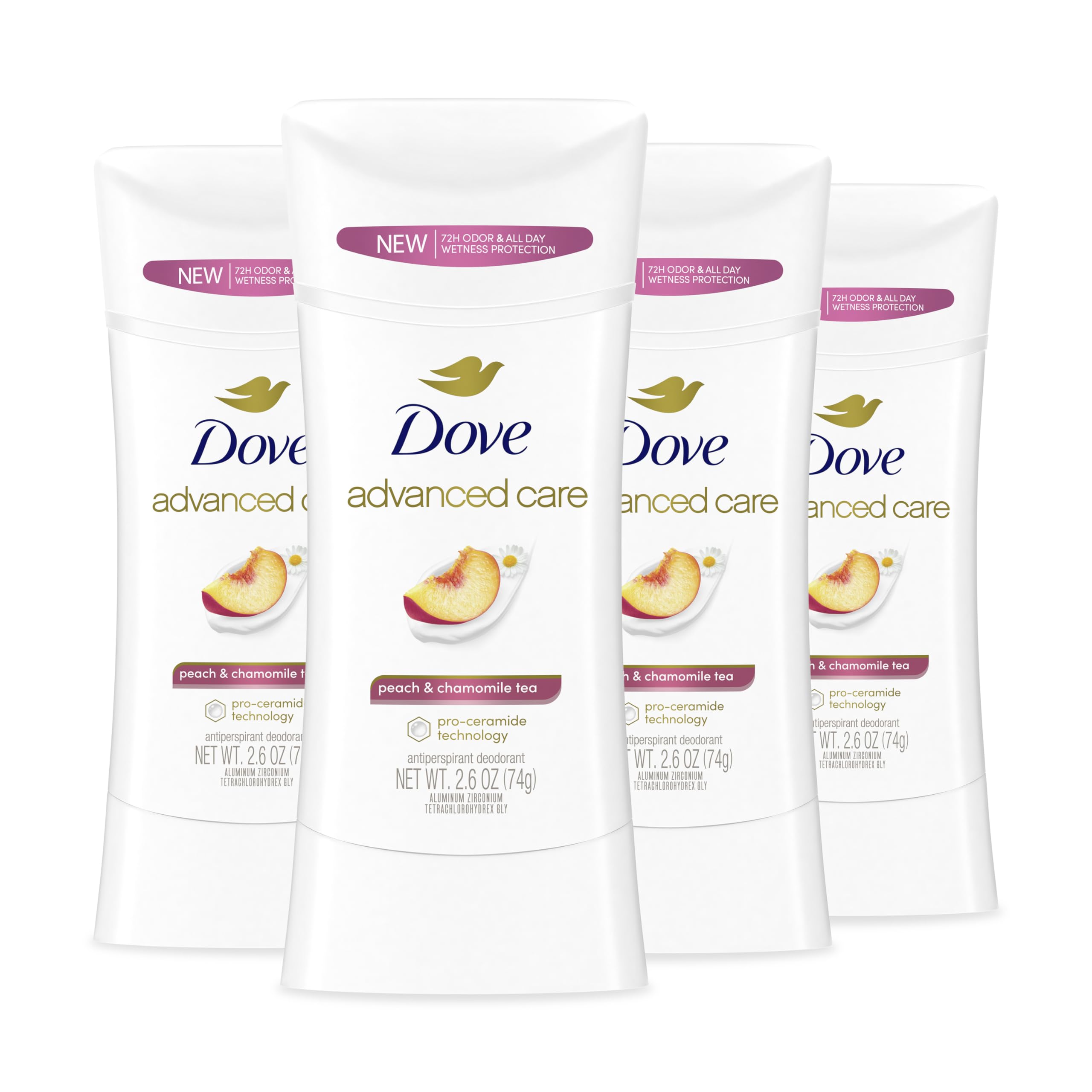 Photo 1 of Dove Advanced Care Antiperspirant Deodorant Stick Peach & Chamomile Tea 4 Count for helping your skin barrier repair after shaving 72 hour odor control and all-day sweat protection 2.6 oz