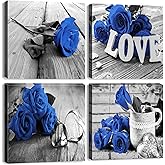 Blue Wall Art Flower Wall Decor Royal Blue Rose Canvas Pictures for Bathroom Decor Black and White Romantic Floral Prints Poster Modern Love Artwork for Living Room Bedroom Home Decoration 12x12" 4Pcs