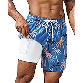 Gleeease 7inch Mens Swim Trunks: with Compression Liner Zipper Pocket Drawstring Quick Dry Stretch Lined Palm Tree Beach Pool