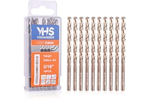 YOHANSEN 3/16 Inch Cobalt Drill Bits (10pcs), M35 High Speed Steel, 135 Degree Tip, Jobber Length Twist Drill Bit Set for Hard Metal, Stainless Steel, Cast Iron, Wood and Plastic, with Storage Case